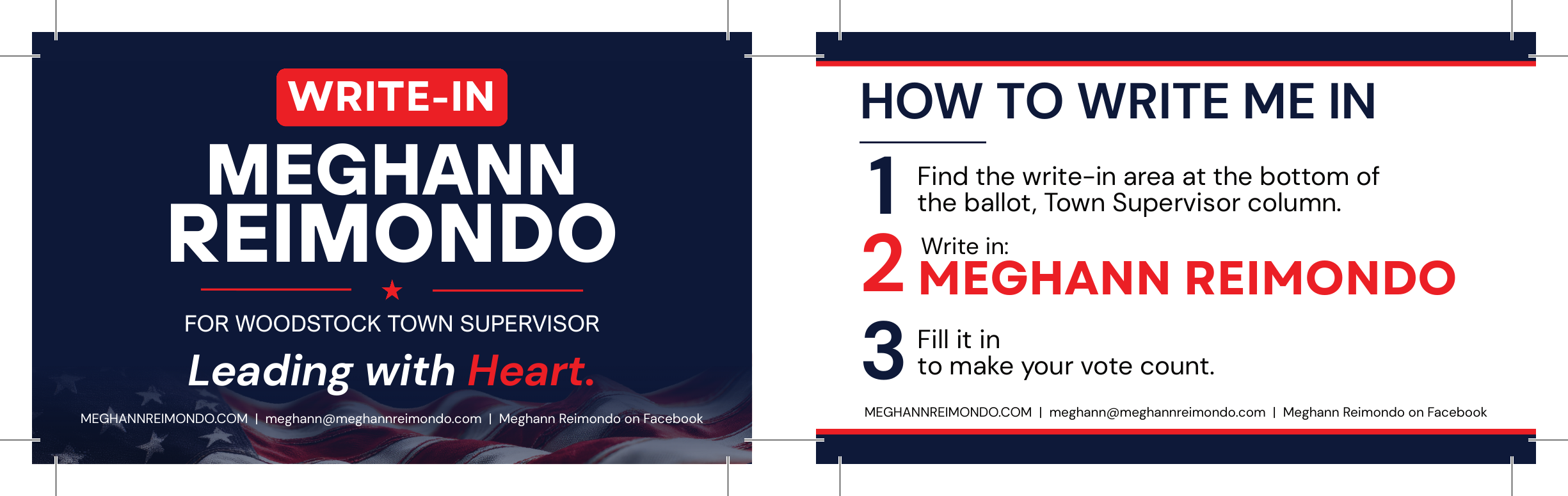 Meghann Reimondo write-in wallet card — front showing name and office, back showing the three write-in steps